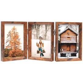 TOFOREVO 5x7 Triple Picture Frame Rustic Brown Wooden Hinged Beveled Photo Frame Definition Glass 3 Vertical Openings Stand on Desktop Tabletop