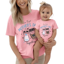 AG AGUU Our First Mothers Day Matching Outfit Mommy and Me T-Shirt Newborn Baby Girl Romper Milk Bottle Onesie New Mom Shirt(Mom-Pink-1,L)