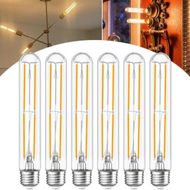 7.3 Inch T10 LED Bulb 6W (Equal 60W), Jacqueny 6PCS Dimmable Clear T10 LED E26 High Output 2700K Warm White, No-Flicker Edison T30/T10 Tubular Light Bulb 600LM, Long Lifetime For Wall Sconces, Pendant