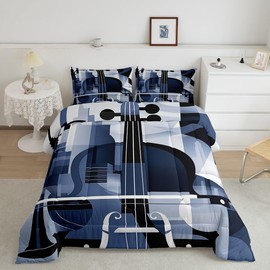 Violin Comforter Set Full Size Geometry Abstract Navy Grey Quilted Duvet 3pcs,Musical Instruments Theme Bedding Set for Kids Boys Girls Adults Room Decor Music Modern Duvet Insert,2 Pillowcases