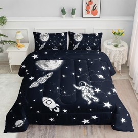 Smell Sunshine Astronaut Space Rocket Comforter Set 3D Space Printed Bedding Set with 1 Comforter and 2 Pillowcases for Boys and Girls Bedroom All Season(Space Twin)