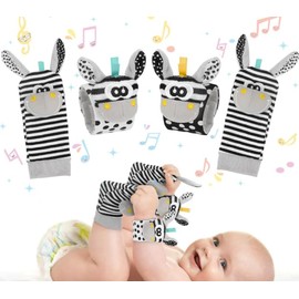 Foot Finders & Wrist Rattles for Infants, Baby Toys 0-6 Months, Newborn Sensory Toys Baby, Infants Developmental Texture Toys, Essentials for Boys Girls Wrist Rattle Gifts, 2 Wrists & 2 Socks