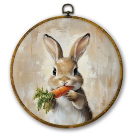 Mcehtle Vintage Easter Bunny With Carrot Spring Wall Art Decor, Retro Farmhouse Animal Framed Canvas Prints 10x10, Farmhouse Style Round Wall Hanging Artwork Decorations for Bedroom or Kitchen