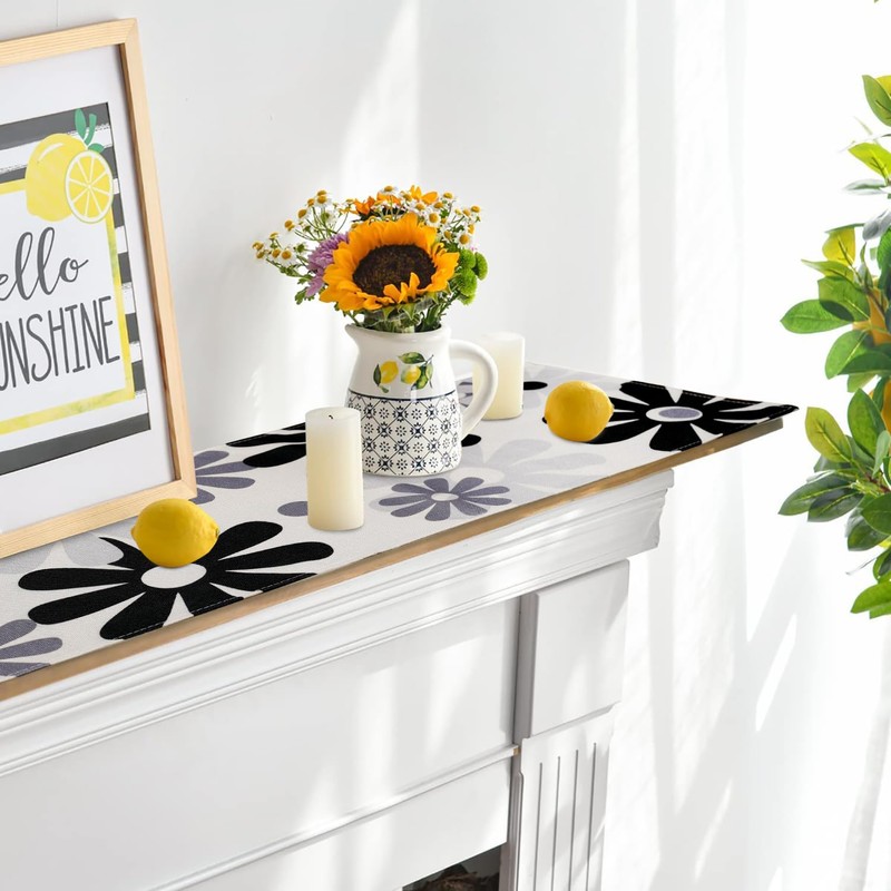 Black Grey Table Runner Modern Floral Table Runner Outdoor Table