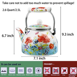 Butterfly Floral Enamel Tea Kettle, 2.5L Stovetop Teapot with Porcelain Handle, Induction/Gas Stove Compatible, Decorative Kitchen Coffee Kettle Ideal for Housewarming & Christmas Gift