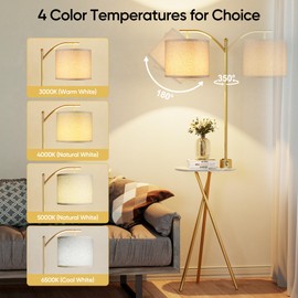 ROTTOGOON Floor Lamp with Table, End Table Lamp with Remote Control and Charging Station(USB & Type-C & AC Port), 4 Color Temperatures, Floor Lamps for Living Room, Bedroom and Home Office,Gold