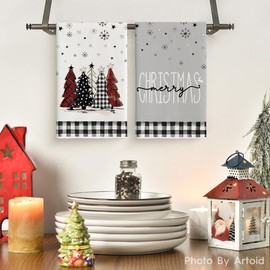 Artoid Mode Buffalo Plaid Snowman Xmas Trees Merry Christmas Kitchen Towels Dish Towels, 18x26 Inch Hello Winter Decoration Hand Towels Set of 4