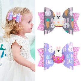 2 Packs Easter Hair Bow Clips Bunny Hair Clips Glitter Rabbit Bow Boutique Grosgrain Alligator Hair Barrettes Hairpin Lovely Easter Egg Rabbit Pattern Headwear Hair Accessories for Kids Girl