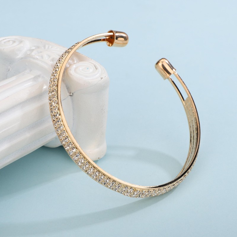 YERTTER Simple Silver Gold Punk Open Cuff Rhinestone Bangle Bracelet