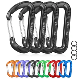 Gabbro Carabiner Clips Heavy Duty 12kN (2697 lbs), | 3.2 Inch, Aluminum, Wiregate Snap, Lightweight, 4 Pack | for Hammock, Hiking, Camping, Water Bottle, Dog Leash Harness, Keychains Black