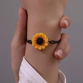 Sunflower Bracelet Handmade Adjustable Chain Wrist Bracelet Summer Flower Pendant Bracelet Boho Sunflower Bracelet Anklet (Yellow sunflower, One Size)