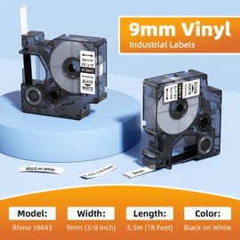 Colorty 18443 9mm Industrial Labels Replacement for Dymo Rhino a18444 3/8" x 18' Permanent Vinyl Label Tape, Work for Rhino 1000 3000 4200 5000 5200 6000 Label Maker, Black on White, 5-Pack