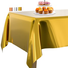 PartyWoo Gold Foil Tablecloth, 137 x 274 cm, Rectangular Party Tablecloth, Washable for 1.8 to 2.4 m Table, Tablecloth, Waterproof Tablecloth for Birthday (Pack of 1)