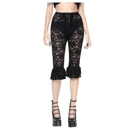 RoseSeek Women's Lace Up Layered Ruffle Hem Carpi Pants Gothic Sheer Lace Bell Bottom Cropped Leggings Black Large