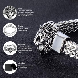 Mens Silver Bracelet Polishing Stainless Steel Heavy 12mm Double Franco Chain Lion Head Bracelet Men. (Silver and Blackened)