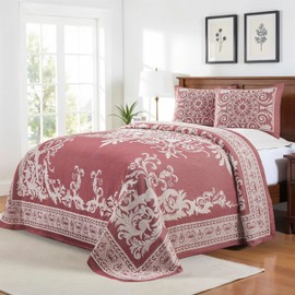 Superior Cotton Blend 3-Piece Bedspread Set, Oversized Bedspread, 2 Matching Pillow Shams, Light Weight Blanket, Jacquard Traditional Medallion Bedding Decor, Adalie Collection, Full, Berry Red