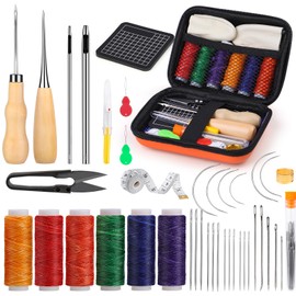 MORFEN Leather Sewing Kit Upholstery Repair Kit Leather Stitching Kit with Hole Punch, Waxed Thread, Sewing Awl, Leather Needles, Leather Working Tools for Hand Stitching Furniture, Car, Sofa