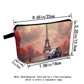 MoCaliduccious Eiffel Tower & Vintage Car Cosmetic Bag Heat Transfer Printed Travel Makeup Pouch for Adults Stylish Gift Idea Urban Landscape Design