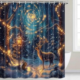 Bcsewcg Christmas Winter Shower Curtain, Xmas Reindeer Starry Sky Nature Forest Snowy Scenery Bathroom Curtain, Winter Xmas Holiday Decor Rustic Farmhouse Waterproof Fabric Set with Hooks