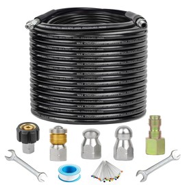 Sewer Jetter Kit for Pressure Washer,Sewer Jetter Nozzles Kit,Drain Cleaning Hose,Pearl Corsage Pin 5800PSI,Rotating and Button Nose Sewer Jetting Nozzle,1/4 Inch NPT (150FT/45M)