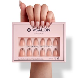 VSALON Press-On Nails - Short Almond French Tip Nude Pink Fake Nails, 32 PCS in 16 Sizes, Reusable Nail Kit with Long-Lasting UV Glue, Adhesive Tabs & Nail Glue (Swordswomen)