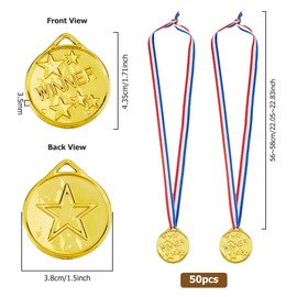 DICOSMETIC Pack of 50 Winning Prize Medals Gold Medal Plastic Round Medals Winner Medals with Collars for Sports Games Competition Talent Show Birthday Party Gifts or Decoration
