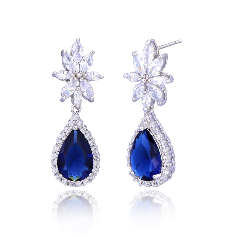 Blue Sapphire Crystal Dangle Earrings - Sterling Silver Teardrop CZ