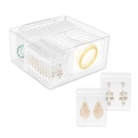 Voyzdx Caja De Joyería Organizador De Joyas con 60 Piezas Bolsas de Plástico Transparente para Joyas, Caja de Almacenamiento de Joyería de Acrílico Transparente
