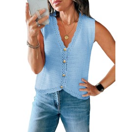 Saodimallsu Womens Sleeveless V Neck Sweater Vest Cropped Button Down Crochet Casual Loose Knit Summer Going Out Tops Sky Blue