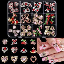 60 Pcs Alloy Sliver Heart Nail Gems Charms, Gold 3D Cherry Planet Pink Heart Nails Jewelry Charm, Nail Rhinestones Gems Charms for Nail Art DIY Decoration 2