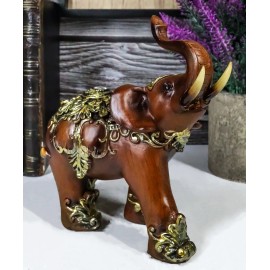 Ebros Gift Faux Wood Decorated Thai Buddhism Noble Elephant With Trunk Up Statue 6.25"L