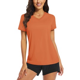 TACVASEN V Neck T Shirts for Women UPF 50+ Sun Protection SPF Shirts Workout Tops Active Gym Yoga Sports Dark Orange M