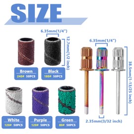 Mesee 250Pcs Sanding Bands for Nail Drill, 5 Colors Sanding Band Nail Drill Bit 80# 120# 180# 240# Coarse Medium Fine Grit Nails Efile Sand Set with 3pcs Mandrel Bits for Manicures Pedicures Care