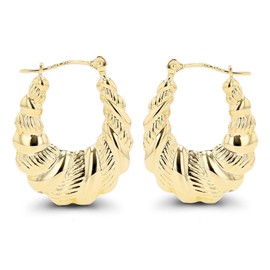 14K Yellow Gold Polished & Textured Twisted Shrimp Hoop Earrings For Women | 2.60x21mm Hoops | Earrings For Sensitive Ears | Solid Gold Earrings For Women