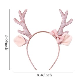 Christmas Headband Reindeer Antlers Headbands for Women Glitter Deer Ears Hair Bands Furry Deer Horn Cute Pink Bow Hair Band Sequin Pink Elk Horn Headwear Xmas Christmas Party Hair Accessories 1Pcs