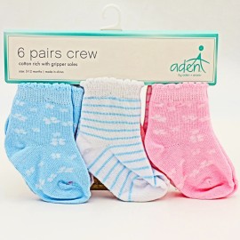 aden + anais 6 Pairs ~ ADEN + ANAIS Cotton Rich w/ Gripper Soles Crew Baby Socks ~ 3-12 Month