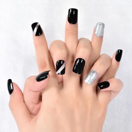iMABC Finish Acrylic False Nail Tips UV Gel Daily Wear Press On Black With Sliver Glitter Squoval Fingernail Design Manicure 24Pcs Adhesive Tabs Mini Files Woody Stick for Women Girls Gift, Pack of 1
