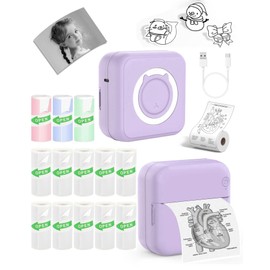 Mini Thermal Printer - Pocket Printer with 13 Rolls Sticky Papers, Wireless Bluetooth Photo Printer, Portable Label Maker Machine with Tape, Small Compact Picture Printer for Student Kid Gift, Purple