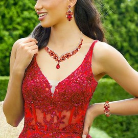 EVER FAITH V Shape Bridal Austrian Crystal Elegant Statement Teardrop Necklace Earrings Bracelet Set Red Gold Tone, Crystal, No Gemstone