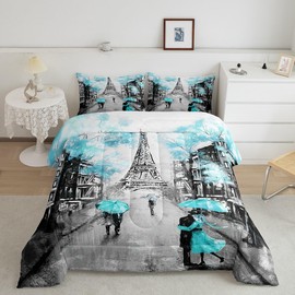 Blue Paris Bedroom Comforter Set Queen Teal Grey Eiffel Tower Couple Bedding Set For Girls Women Kids,Watercolor Oil Painting Paris Quilt Romantic Turquoise Bed Set Valentine'S Day Wedding Gifts 3 Pcs