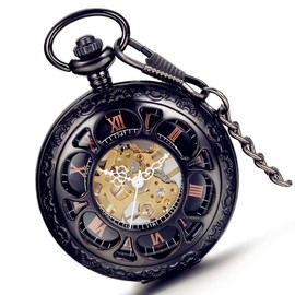 lancardo Men's Classic Retro Hand-Winding Mechanical Pocket Watch with Roman Numerals Dial, Carved Skeleton Chain Watch with Sweater Necklace, Black, black, Classic
