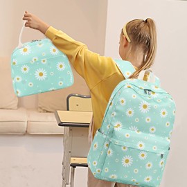 LEDAOU Backpack for Girls School Bag Kids Bookbag Teen Backpack Set Daypack with Lunch Bag and Pencil Case (White Daisy Green)