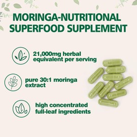 Zhibenon Moringa Oleifera 21,000mg Equivalent | 200 Capsules (100 Servings) | Pure Moringa Powder Capsules | Antioxidant for Energy, Immune & Gut Support | Non-GMO