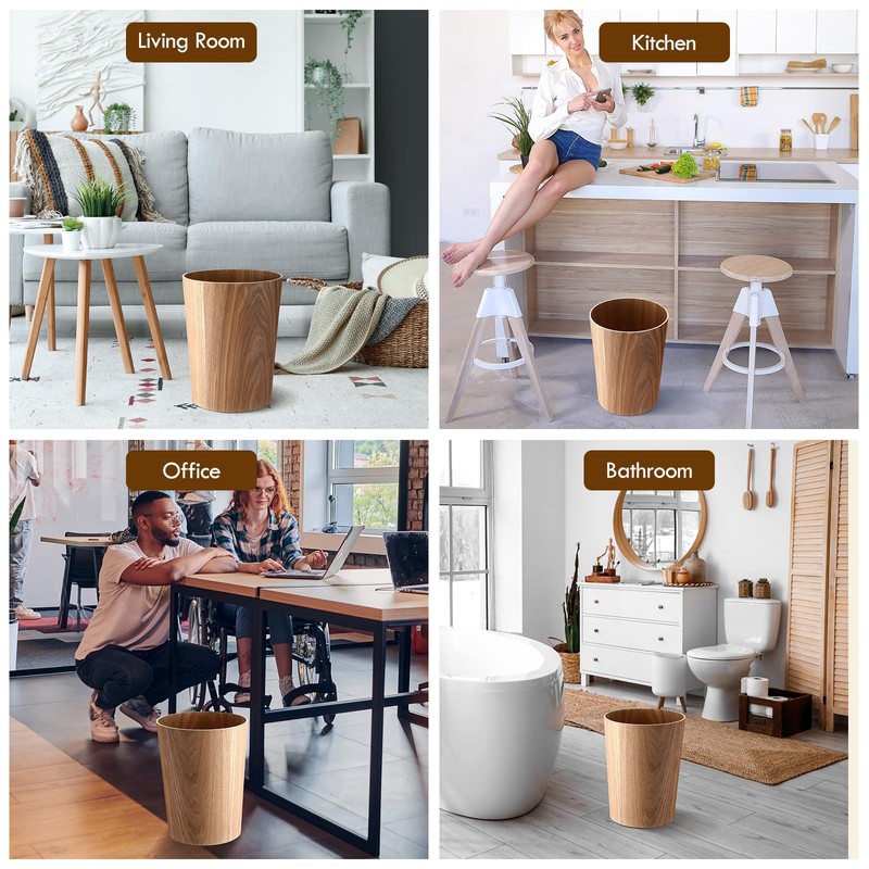Threehoney 2 Pack 2.3 Gallons Wood Trash Can Wastebasket Natural