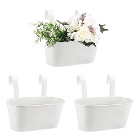 GYATSOCYG 10.6" Oval Iron Hanging Flower Pots - Rust-Resistant Metal Planters with Detachable Hooks for Garden, Yard & Home Decor (White，3 PCS)