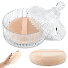 2Pcs Extra Large Body Powder Puff & Luxury 5.9" Glass Jar Dusting Powder Container with Puff Perfect for Women's Loose Dusting Powder, Talcum(COLOR:Beige)