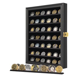 Jinchuan Military Challenge Coin Display Case Lockable Cabinet Rack Holder Shadow Box with Removable 2 Grooves Shelves and Anti Dust Door for Casino Poker Chips Collectibles (Large-Black)