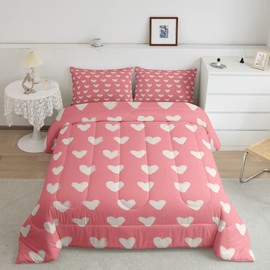 Pink White Comforter Set Full Size Girly Kawaii Heart Pattern Bedding For Kids Boys Girls Women Valentine Day Gift Quilt Cartoon Love Geometric Duvet Insert Love Heart Bedding Sets Bedroom Decor