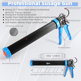 PRO Sausage Caulk Gun Kit Heavy Duty Silicone Sausage Gun Thrust Ratio 25:1 No-drip Rotating 600ml/20 oz Aluminum Tube Barrel and Caulking Tools,Sealant Grout Scraper For Kitchen Bathroom Sink Joint