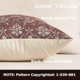 Amor Virisso Floral Pillow Covers 18x18 Inch Farmhouse Block Print Pillow Cover Accent Square Neutral Modern Decorative Throw Pillow Covers for Living Room Couch Bed Sofa Chair, Brown